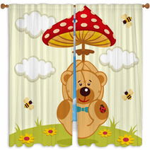 Teddy Bear With Amanita - Vector Illustration Window Curtains 56724345