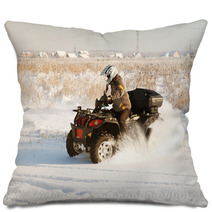 Terrain Vehicle In Motion At Winter Sunny Day Pillows 62734822