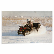 Terrain Vehicle In Motion At Winter Sunny Day Rugs 62734822