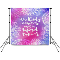 The Body Achieves What The Mind Believes Motivational Quote On Purple Watercolor Texture With Hand Drawn Indian Mandalas Yoga Poster Design Backdrops 139532297