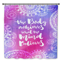 The Body Achieves What The Mind Believes Motivational Quote On Purple Watercolor Texture With Hand Drawn Indian Mandalas Yoga Poster Design Bath Decor 139532297