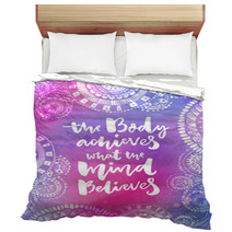The Body Achieves What The Mind Believes Motivational Quote On Purple Watercolor Texture With Hand Drawn Indian Mandalas Yoga Poster Design Bedding 139532297