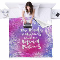 The Body Achieves What The Mind Believes Motivational Quote On Purple Watercolor Texture With Hand Drawn Indian Mandalas Yoga Poster Design Blankets 139532297