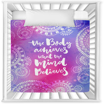 The Body Achieves What The Mind Believes Motivational Quote On Purple Watercolor Texture With Hand Drawn Indian Mandalas Yoga Poster Design Nursery Decor 139532297