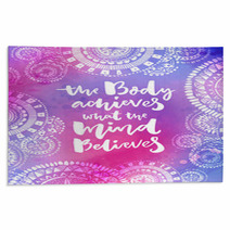 The Body Achieves What The Mind Believes Motivational Quote On Purple Watercolor Texture With Hand Drawn Indian Mandalas Yoga Poster Design Rugs 139532297