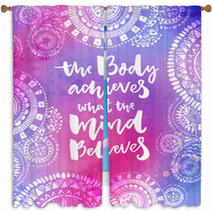 The Body Achieves What The Mind Believes Motivational Quote On Purple Watercolor Texture With Hand Drawn Indian Mandalas Yoga Poster Design Window Curtains 139532297