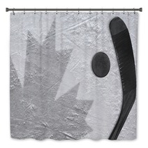 The Image Of The Canadian Flag And Hockey Puck With The Stick Bath Decor 144890935