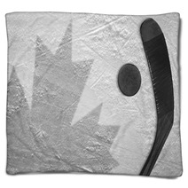 The Image Of The Canadian Flag And Hockey Puck With The Stick Blankets 144890935