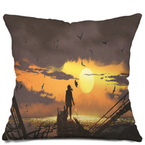 The Pirate With A Sword Standing On Ruins Of Boat And Looking At Golden Treasures At Sunset Digital Art Style Illustration Painting Pillows 207674358