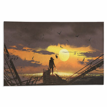 The Pirate With A Sword Standing On Ruins Of Boat And Looking At Golden Treasures At Sunset Digital Art Style Illustration Painting Rugs 207674358