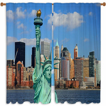 The Statue Of Liberty And Manhattan Skyline Window Curtains 7024955
