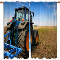 The Tractor - Modern Farm Equipment In Field Window Curtains 22386036