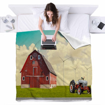 The Traditional American Red Barn In Rural Setting Blankets 54747212
