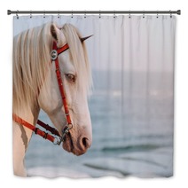The White Horse Cosplay To Unicorn With Small Horn On The Head With Sea In Sunset As A Background Real Unicorn Head Shot Of Horse Bath Decor 250105688