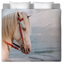 The White Horse Cosplay To Unicorn With Small Horn On The Head With Sea In Sunset As A Background Real Unicorn Head Shot Of Horse Bedding 250105688