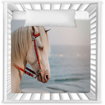 The White Horse Cosplay To Unicorn With Small Horn On The Head With Sea In Sunset As A Background Real Unicorn Head Shot Of Horse Nursery Decor 250105688