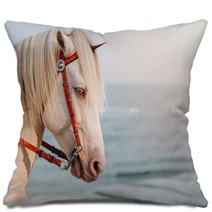 The White Horse Cosplay To Unicorn With Small Horn On The Head With Sea In Sunset As A Background Real Unicorn Head Shot Of Horse Pillows 250105688