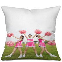 Three Cheerleaders Cheering With Pom Pom Pillows 171422673
