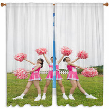 Three Cheerleaders Cheering With Pom Pom Window Curtains 171422673