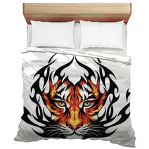 Tiger Face on Black Fire Tattoo Print Bedding 38913031
