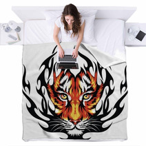 Tiger Face on Black Fire Tattoo Print Blankets 38913031