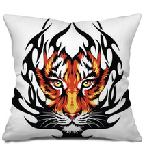 Tiger Face on Black Fire Tattoo Print Pillows 38913031
