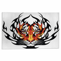 Tiger Face on Black Fire Tattoo Print Rugs 38913031