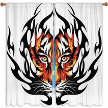 Tiger Face on Black Fire Tattoo Print Window Curtains 38913031