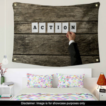 Top View Of Male Hand Assembling The Word Action Wall Art 94991747