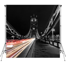 Tower Bridge In London In Black And White Uk At Night With Blur Colored Car Lights Backdrops 145932051