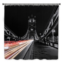 Tower Bridge In London In Black And White Uk At Night With Blur Colored Car Lights Bath Decor 145932051