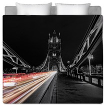 Tower Bridge In London In Black And White Uk At Night With Blur Colored Car Lights Bedding 145932051