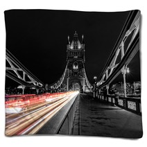 Tower Bridge In London In Black And White Uk At Night With Blur Colored Car Lights Blankets 145932051