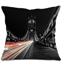 Tower Bridge In London In Black And White Uk At Night With Blur Colored Car Lights Pillows 145932051
