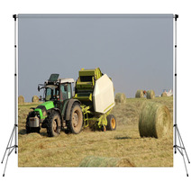 Tractor Collecting Haystack In The Field Backdrops 54481931