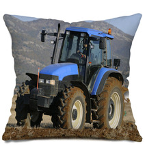 Tractor Plowing The Field On Mountains Pillows 51509437