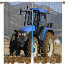Tractor Plowing The Field On Mountains Window Curtains 51509437