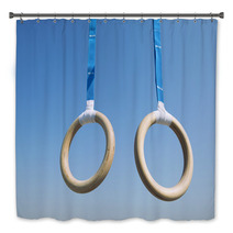 Traditional Wooden Gymnast Rings Hanging From Blue Straps In Clear Blue Sky Bath Decor 93445411