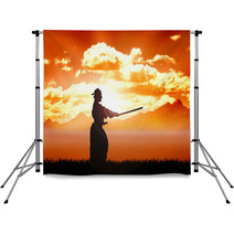 Training Samurai Silhouette Orange Sunset Backdrops 48707418