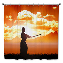 Training Samurai Silhouette Orange Sunset Bath Decor 48707418