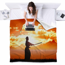 Training Samurai Silhouette Orange Sunset Blankets 48707418
