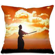 Training Samurai Silhouette Orange Sunset Pillows 48707418