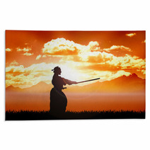 Training Samurai Silhouette Orange Sunset Rugs 48707418