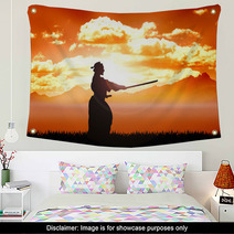 Training Samurai Silhouette Orange Sunset Wall Art 48707418