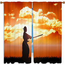 Training Samurai Silhouette Orange Sunset Window Curtains 48707418