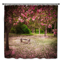 Tranquil Garden Bench Surrounded By Cherry Blossom Trees Bath Decor 52571978