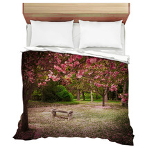 Tranquil Garden Bench Surrounded By Cherry Blossom Trees Bedding 52571978