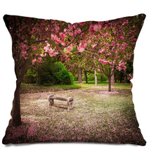 Tranquil Garden Bench Surrounded By Cherry Blossom Trees Pillows 52571978