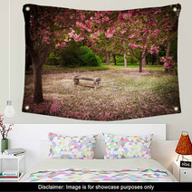Tranquil Garden Bench Surrounded By Cherry Blossom Trees Wall Art 52571978
