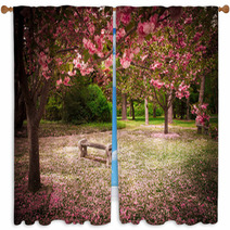 Tranquil Garden Bench Surrounded By Cherry Blossom Trees Window Curtains 52571978